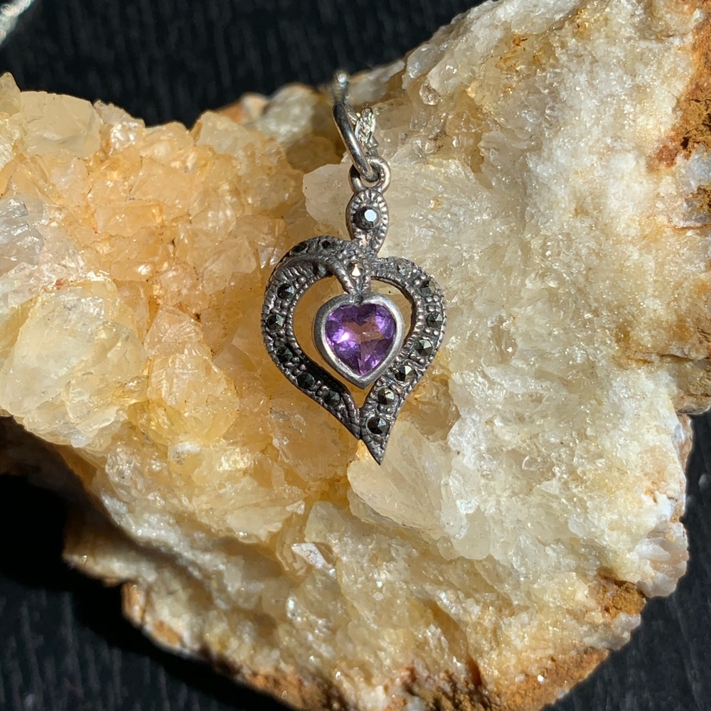 Sterling Silver Amethyst Marcasite Heart Necklace